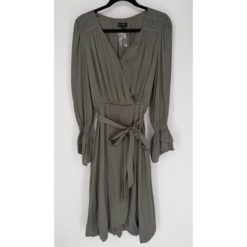 CURRENT AIR SURPLICE BODICE GREEN MIDI DRESS SMALL NWOT SATIN WEDDING GUEST